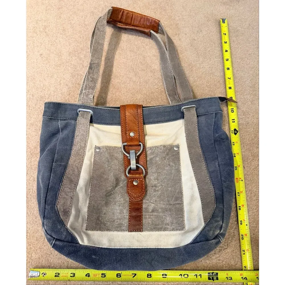 Mona B Upcycled Canvas Tote Handbag Blue Brown Vegan Leather Shoulder Bag Purse